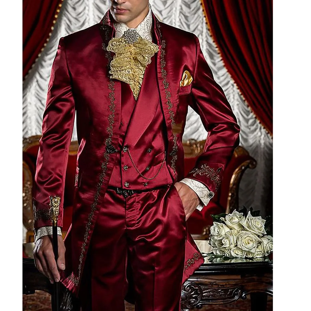 Men Suits White Red Tuxedo Wedding Jacket Pants Vest Three Piece Elegant Formal Party Blazer Hombre Trajes De Costume