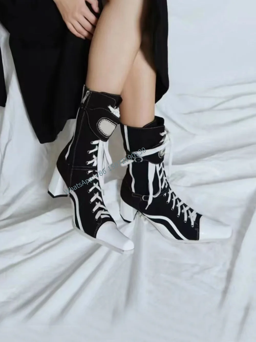 

Cross Tied Patchwork Boots Square Toe Chunky Heel Lace Up Black White Mid Calf Shoes Spring Newest Leisure Fashion Shoes