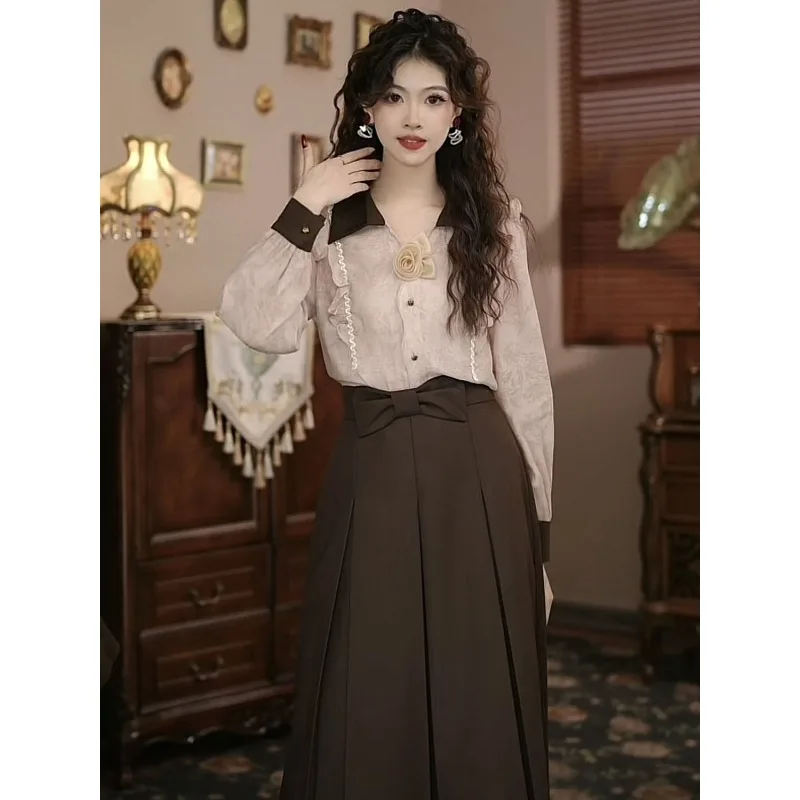 

Hong Kong Style Retro Slimming Tops for Autumn Winter New Versatile High Waist Skirt Suit