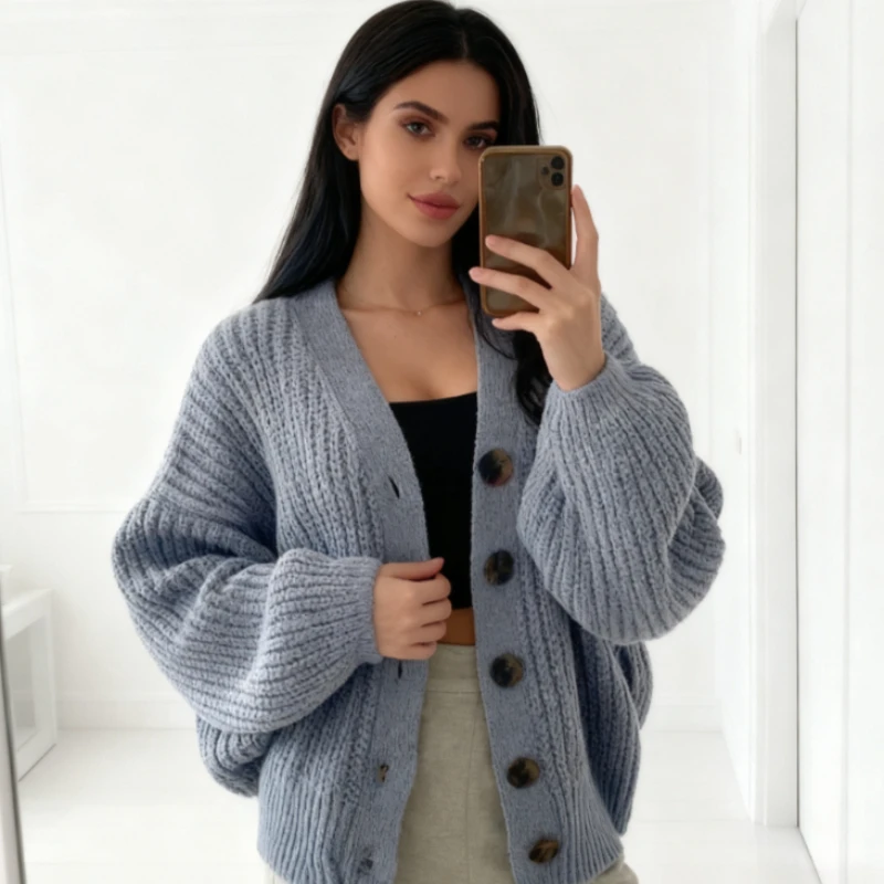 

NEW Autumn Winter Fashion Women Long Sleeve Cardigan Cozy Sweater V-neck Loose Solid Soft Knitted Casual Lantern Sleeve Knitwear