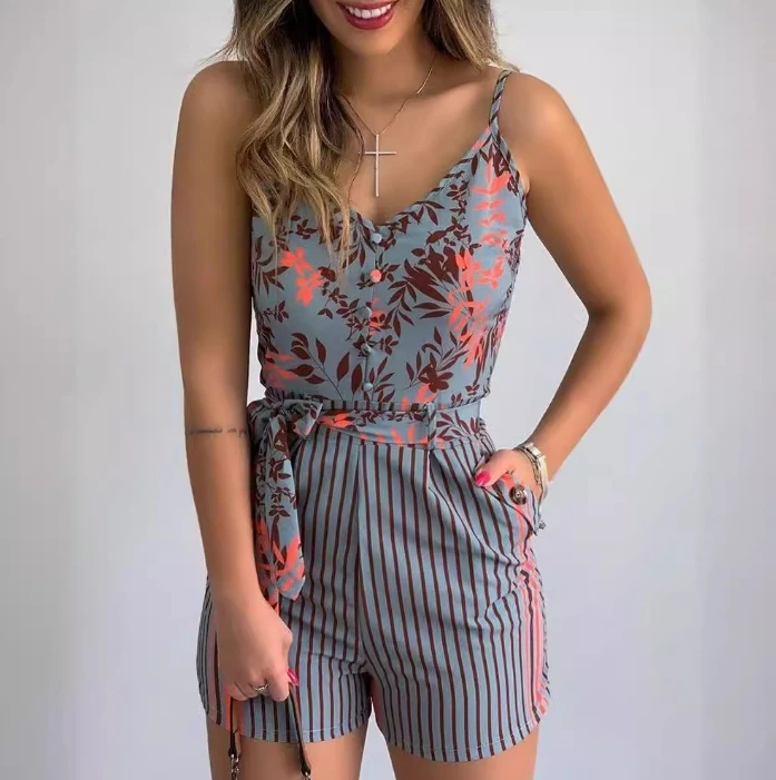 

Fashion Women's Playsuit 2024 V-Neck Strap Sleeveless Leaf Print Stripe Strap Shorts Jumpsuit Set Printed Romper with Belt