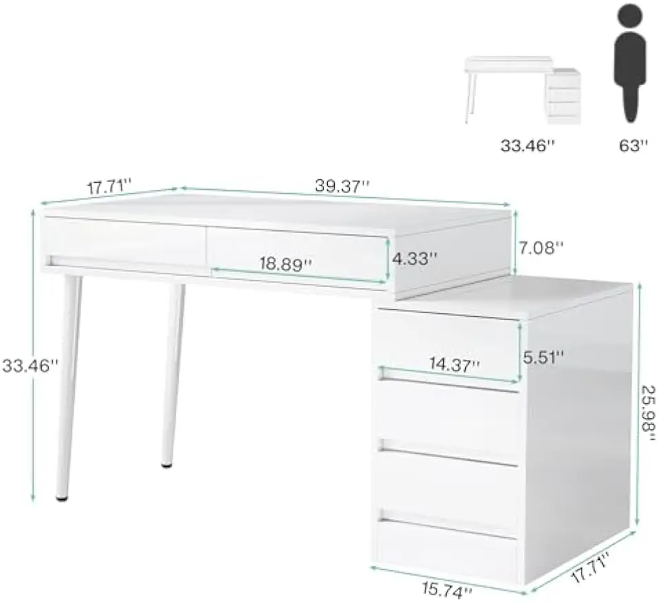 White Desk with 5 Drawers, High Gloss White Modern Home Office Desk W/ Storage Drawers and Printer Stand, Vanity Desk