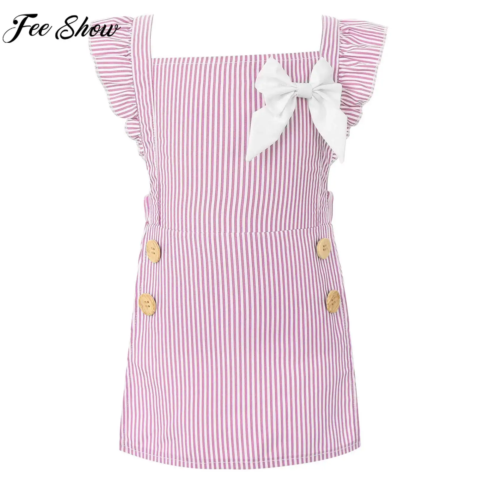 

Infant Girls Summer Casual Romper Dress Sleeveless Ruffle Bowknot Striped Suspender Bodysuit Daily Wear Birthday Party Clothes