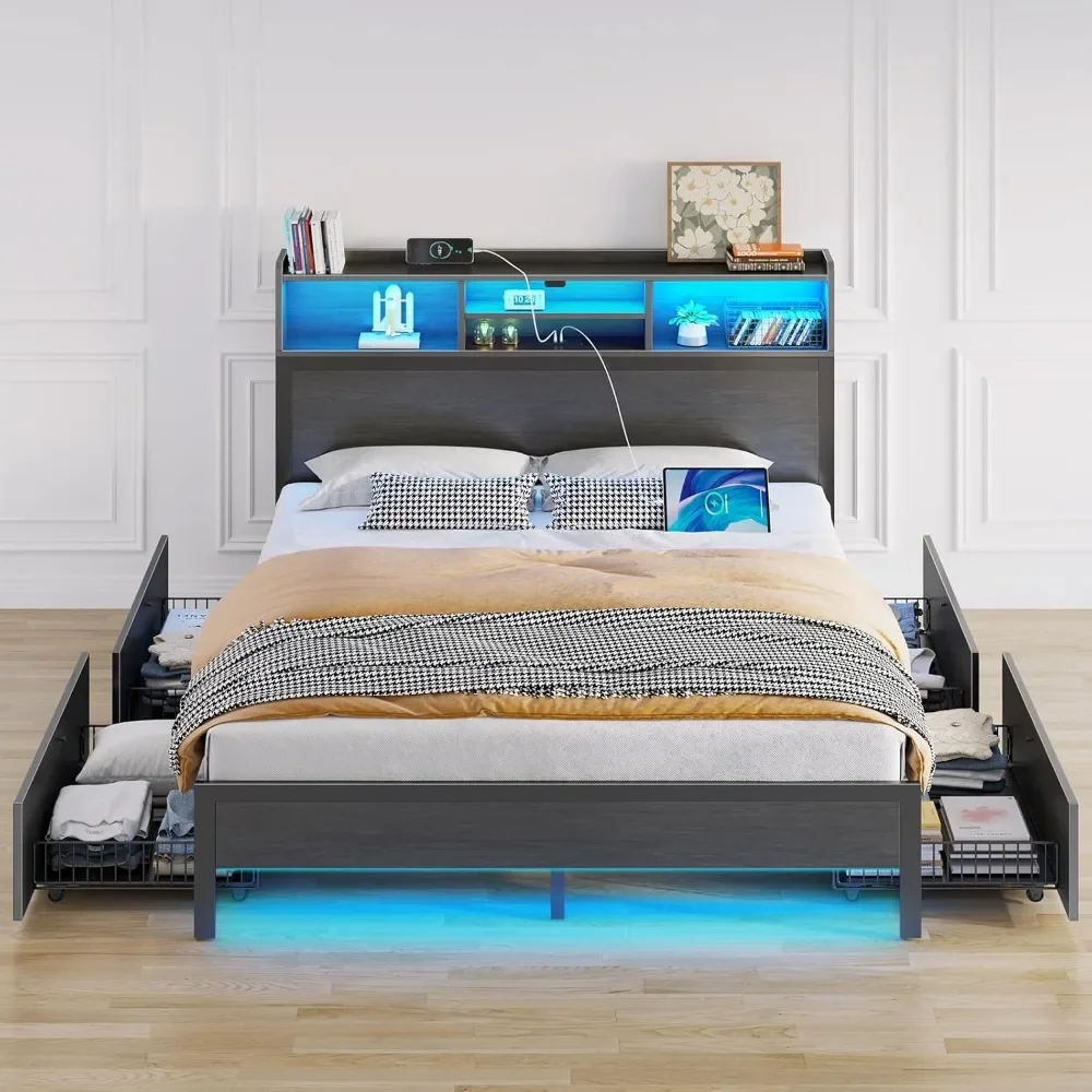 Full Bed Frame with Storage Headboard, Metal Platform Bed with Charging Station, LED, 4 Drawers, Bookcase Storage,