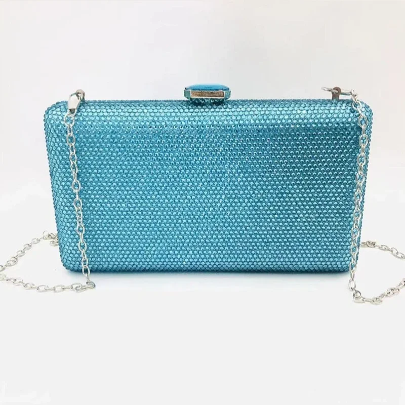 Luxury Sky Blue Full Rhinestone Clutch Bag Sparkly Crystal Hard Shell Evening Purse with Detachable Chain for Formal Occasions