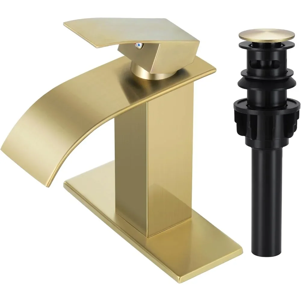 

Waterfall Bathroom Faucet, Brushed Gold Modern Single Handle Bathroom Faucets for 1 or 3 Hole Bathroom Sink Faucet