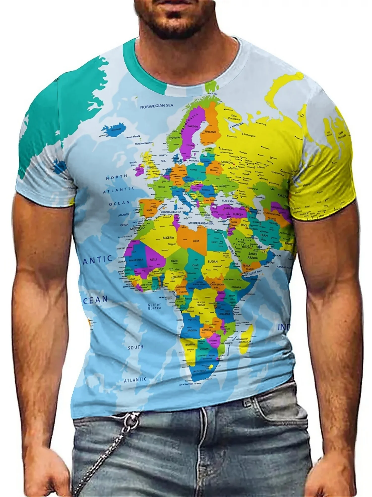 Men'S Vintage Map 3D Print T-Shirt - Soft Polyester, Crew Neck, Short Sleeve, Machine Washable, Bright Colors, Realistic Design