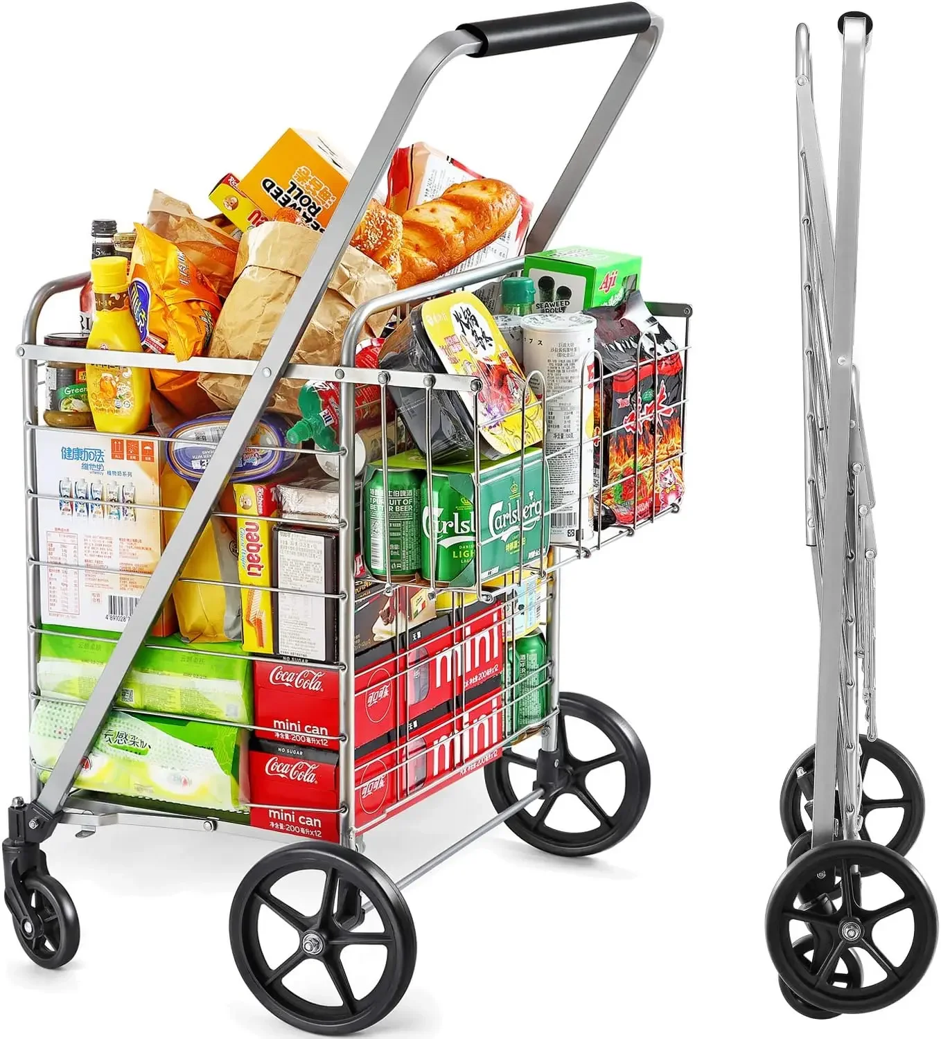 Metal Grocery Carts For Groceries, Folding Cart For Convenient Storage And Holds Up To 160lbs, Dual Swivel Wheels and Extra