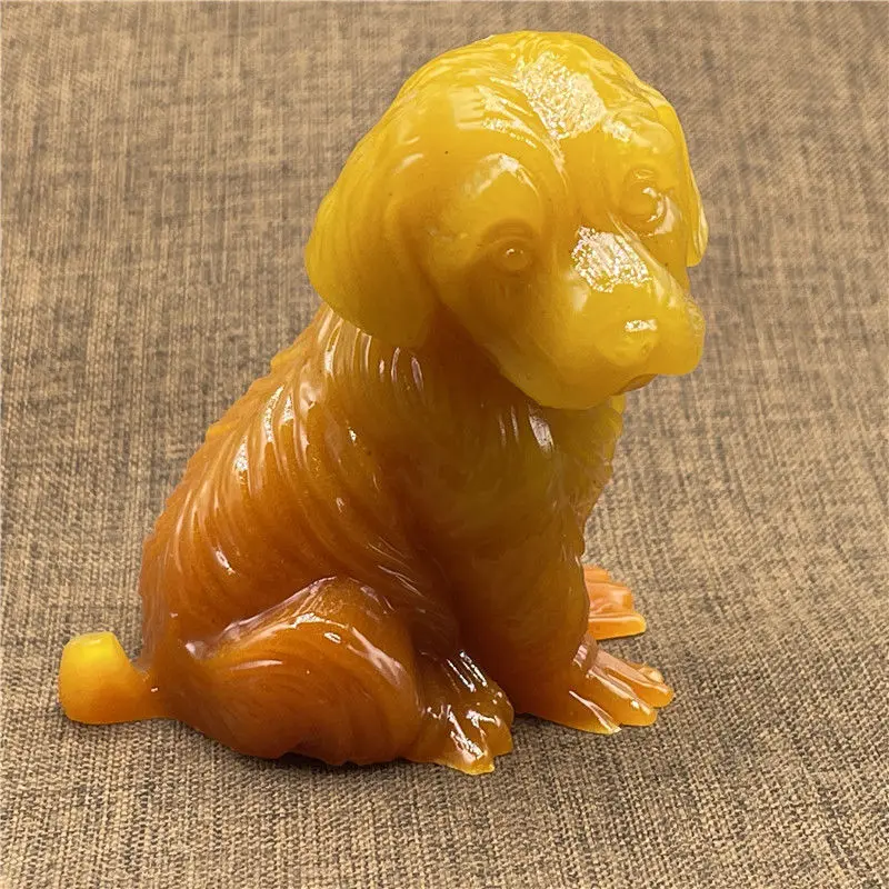 

Yellow Jade Dog Figurine Hand Carved Decor Ornament Car Home Gift Collectible