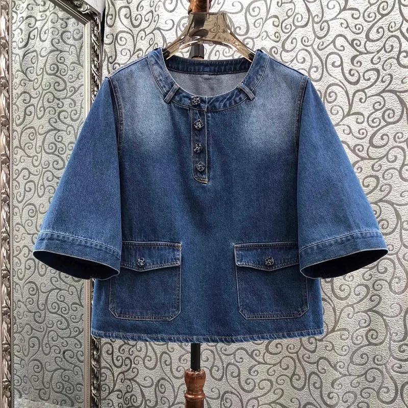 

100%Cotton Denim Blouse 2024 Spring Summer Tops Women Beading Button Pocket Patchwork Short Sleeve Casual Blue Jeans Tops Blouse