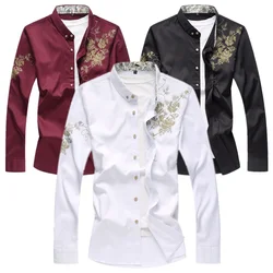 Summer New Male Long Sleeve Flower Shirt White / Black / Navy Blue Fashion Men Business Casual Top Slim Fit Clothing