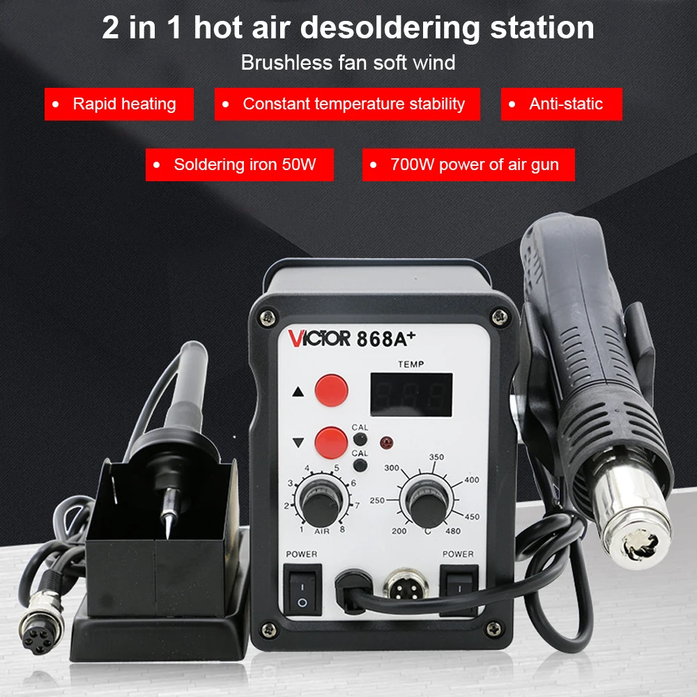 Victor 868A + Estação De Solda 2 em 1 Display Digital SMD Retrabalho Hot Air Gun Solda Ferro 220V ESD Soldagem Reparação Desoldering