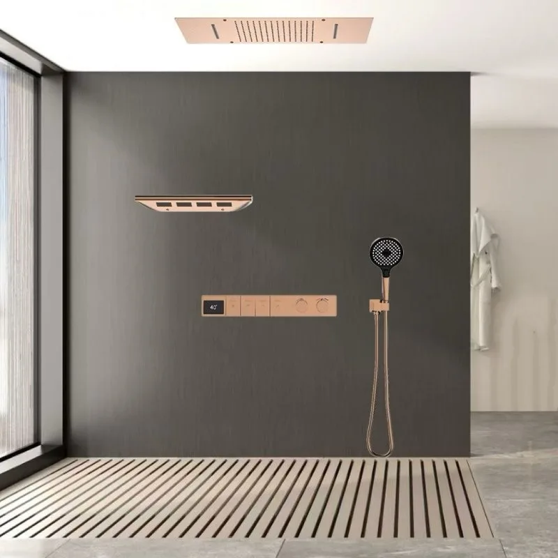 Full Brass Concealed Rain Shower Set with Thermostat Digital Display Wall Mounted Shower System Shelf Back Spray