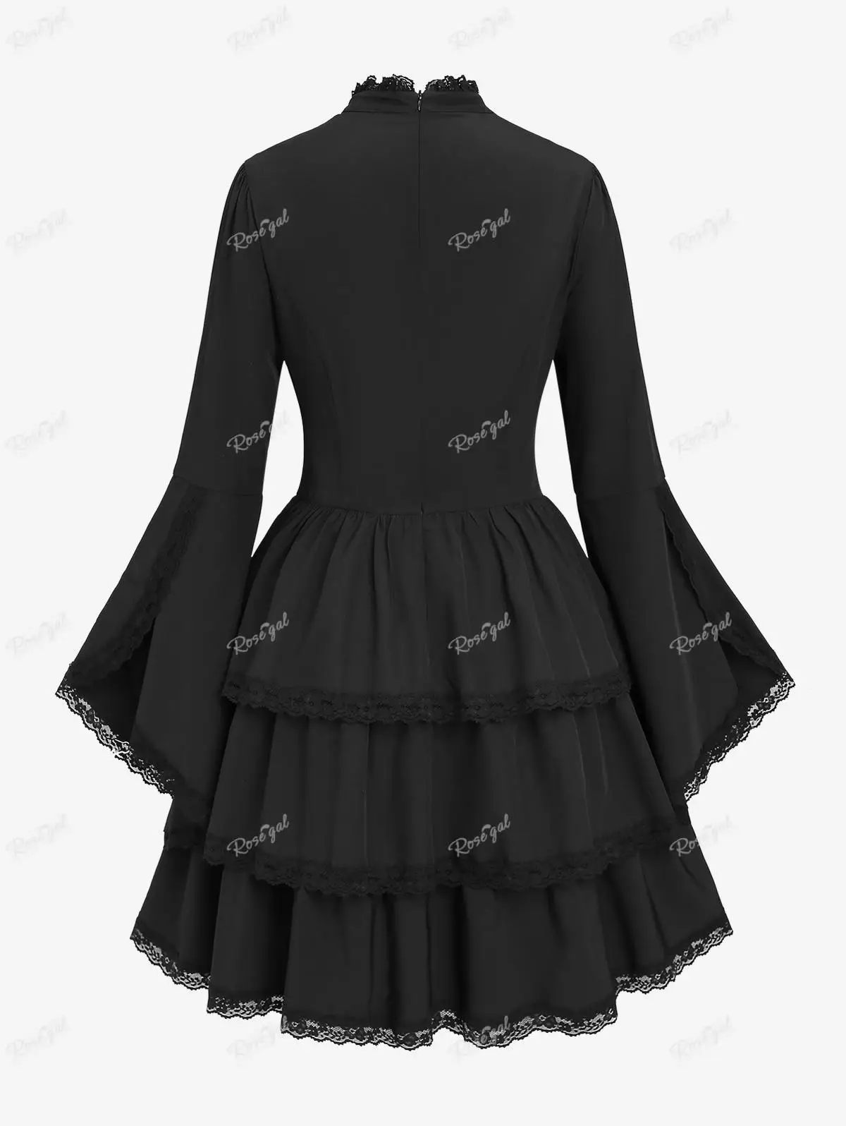 ROSEGAL-Vestidos góticos en capas con cordones, talla grande, encaje Floral, recorte, mangas acampanadas, volantes, hasta la rodilla, Color sólido