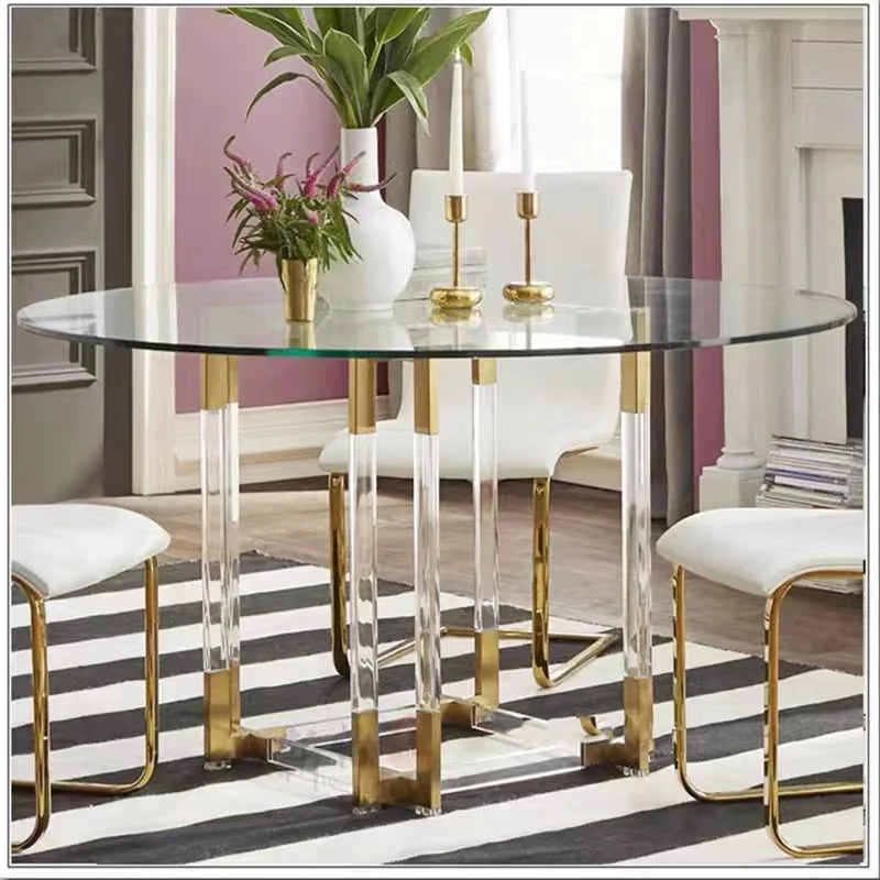 شقة صغيرة طاولة طعام زجاجية من القرون الوسطى، طاولة تفاوض شفافة من الفولاذ المقاوم للصدأ طاولة قهوة منزلية مستديرة عصرية #4