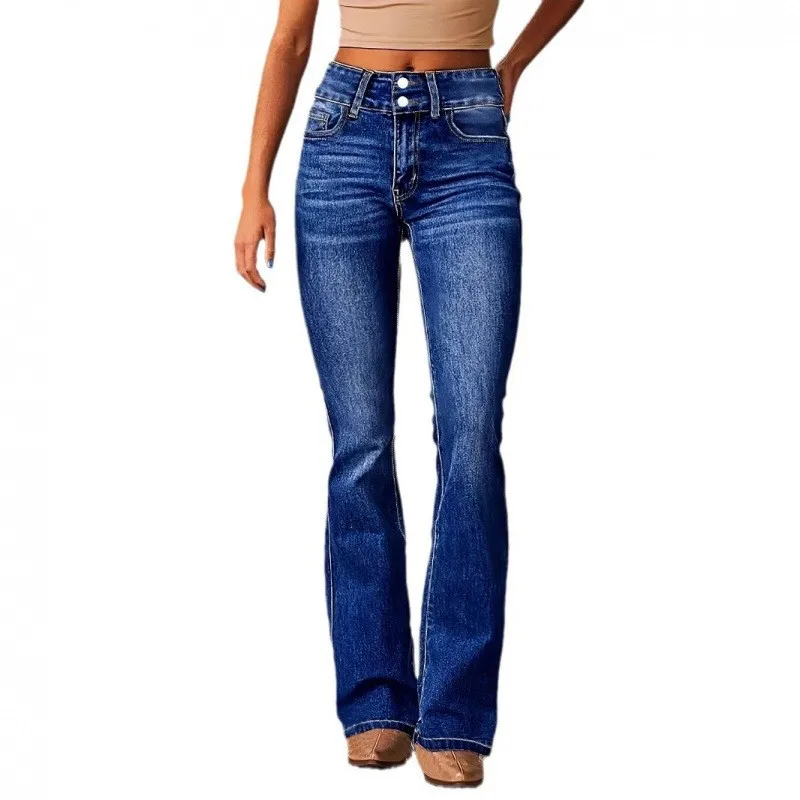 Women's Y2K Clothes Mid Waist Slight Flare Distressed Washed Cotton Long Streetwear Jeans with Five Pocket and Contrast Women