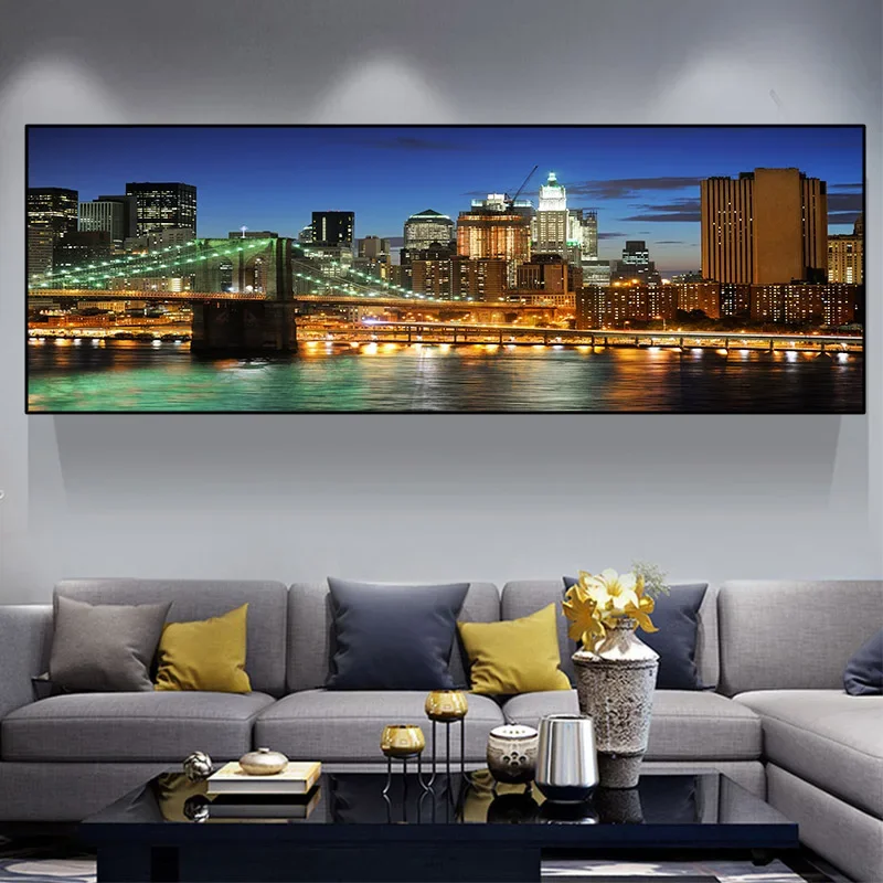 Stunning Night View of Brooklyn Bridge New York City Landscape Canvas Painting  Wall Art Posters  Prints for Room Home Decor