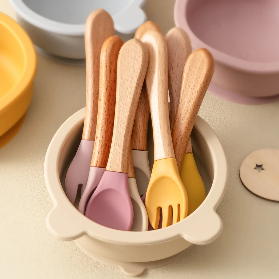 2PCS/Set Silicone Baby Spoon Fork Feeding Training Cutlery Wooden Handle Baby Utensils Children Care Tools Baby Tableware