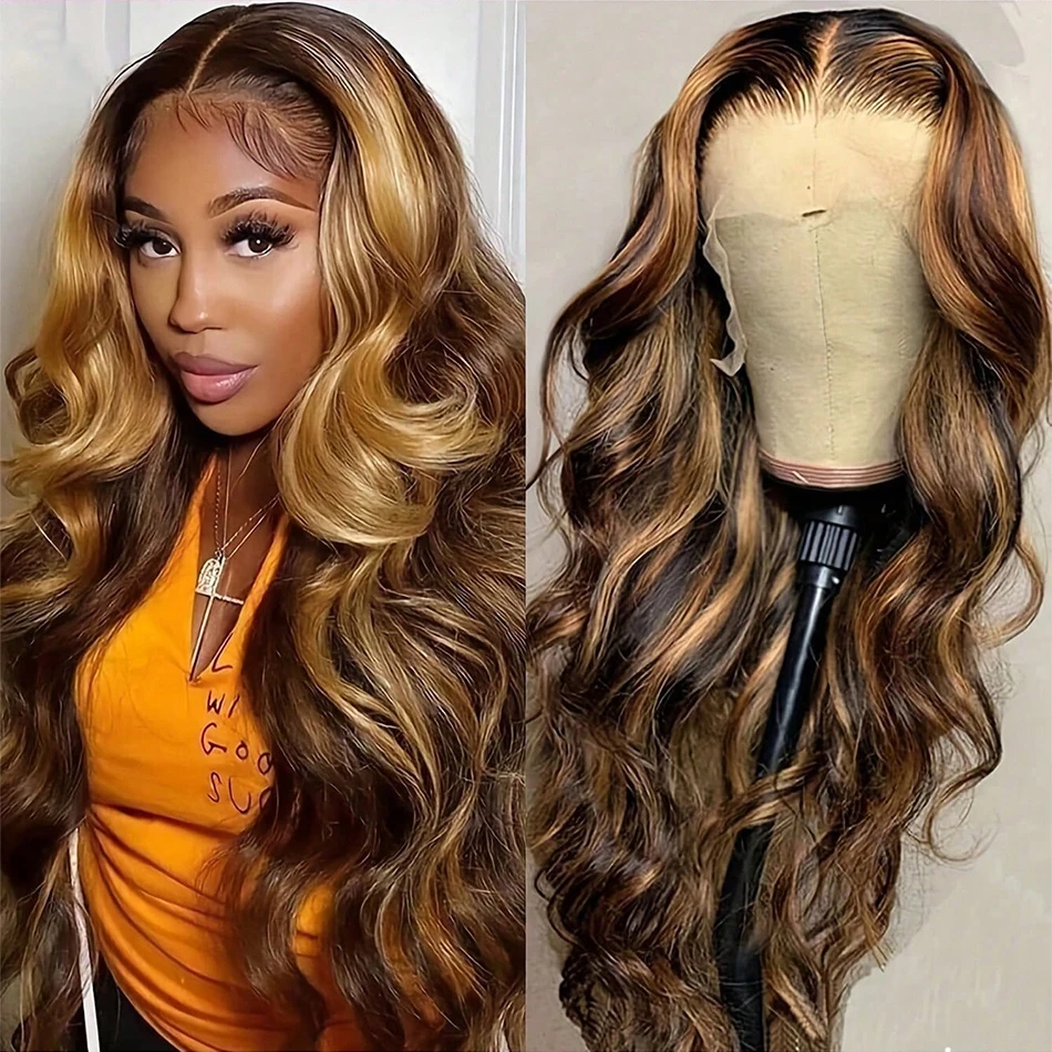 

Парик с кружевной передней частью Ombre из натуральных волос, с эффектом Body Wave, предварительно проработанная линия роста волос, 13x6, 1B/30, коричневый с мелированием, плотность 200%, для женщин