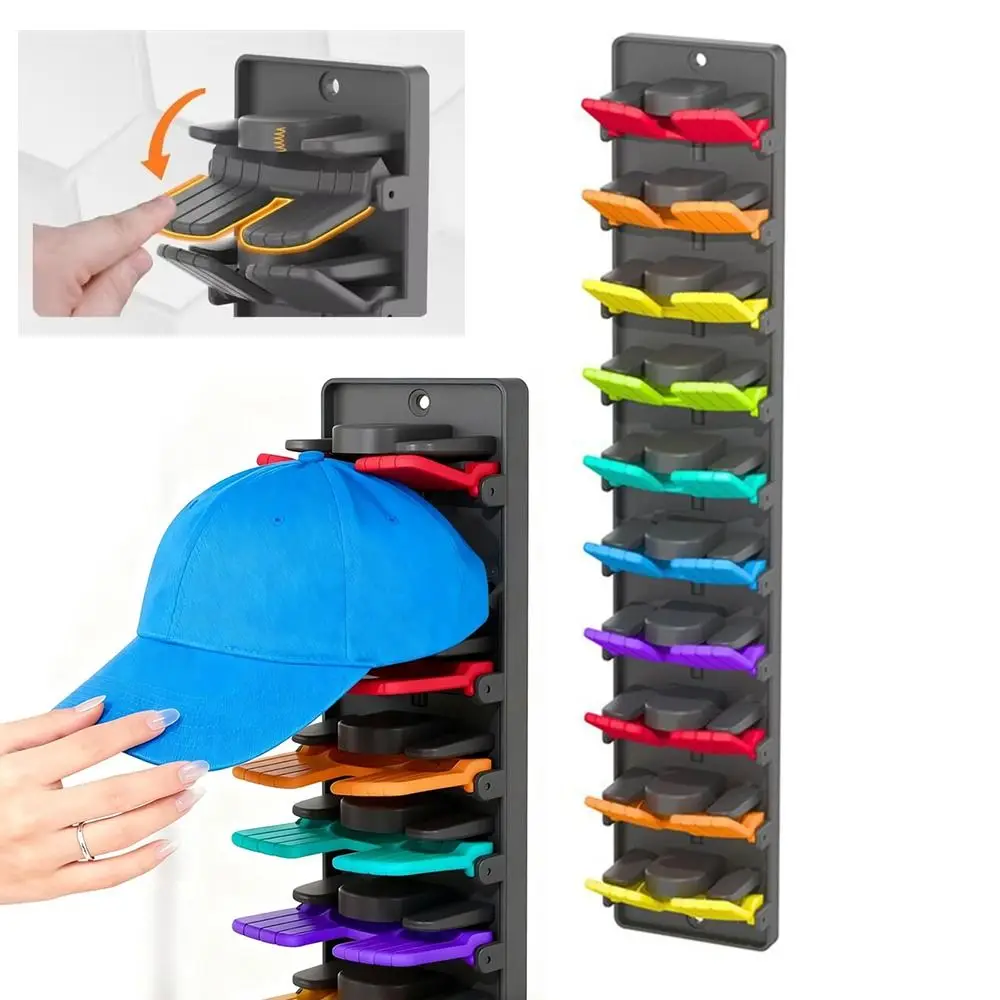 

Настенная многоярусная вешалка для головных уборов со встроенными пружинными зажимами, на сильном клеевом креплении, вмещает 10 кепок, практичная