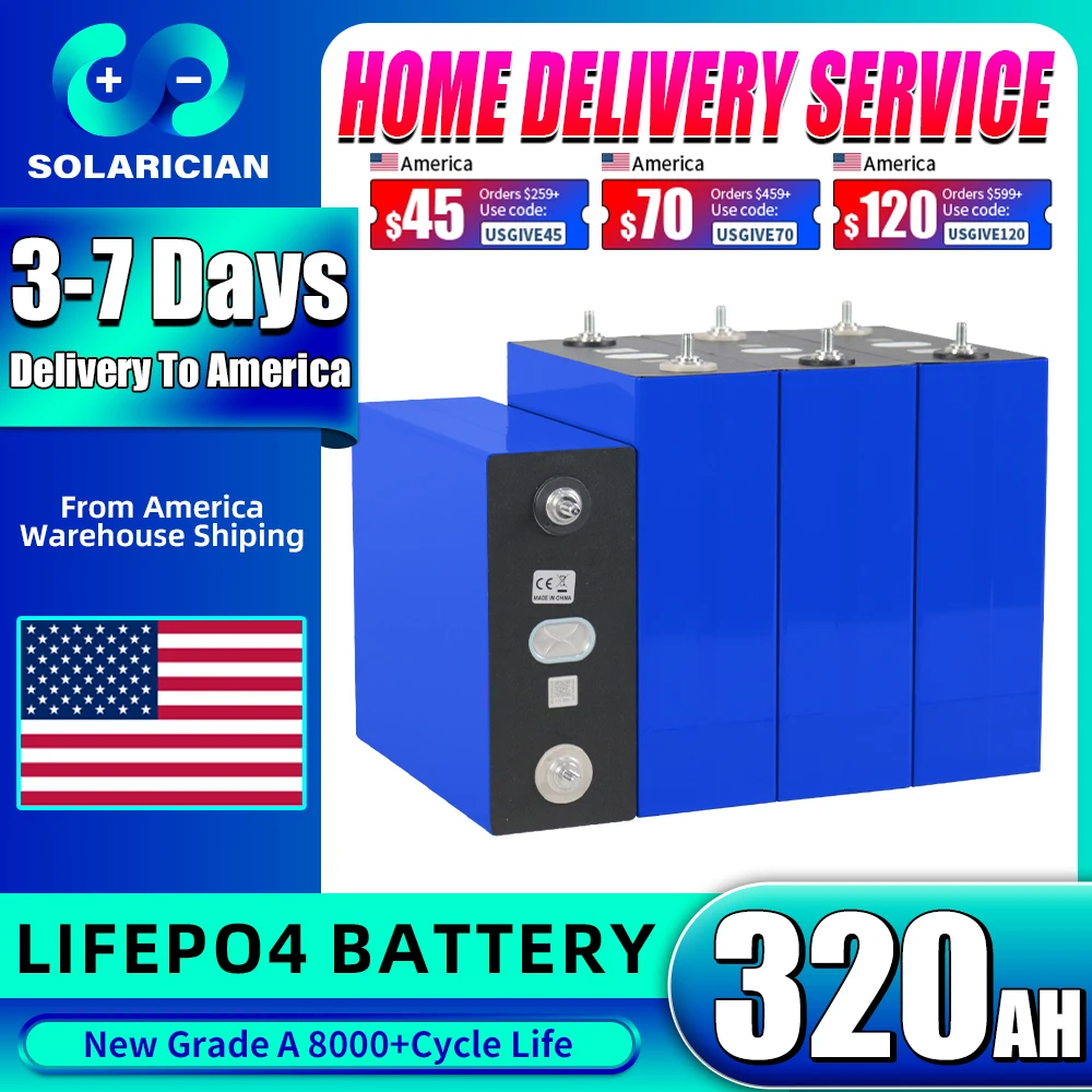

Grade A 8000 Cycle 320Ah LiFePO4 Battery 3.2V Lithium Iron Phosphate Rechargeable Cell DIY 12V 24V 48V For RV EV Golf Cart Solar