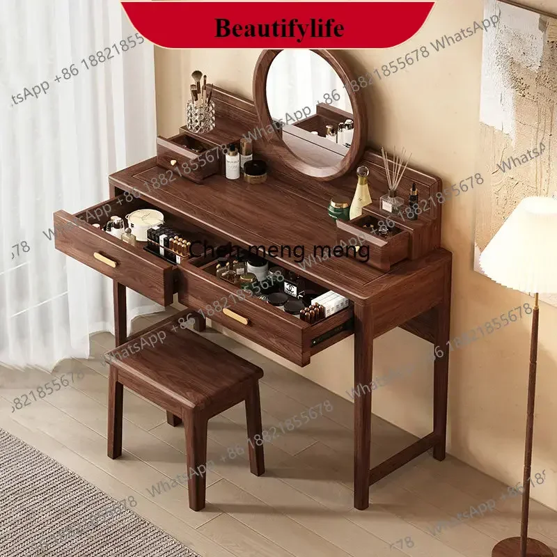 

M138luxury black walnut solid wood dressing table, makeup stool combination makeup table with round mirror home dressing table