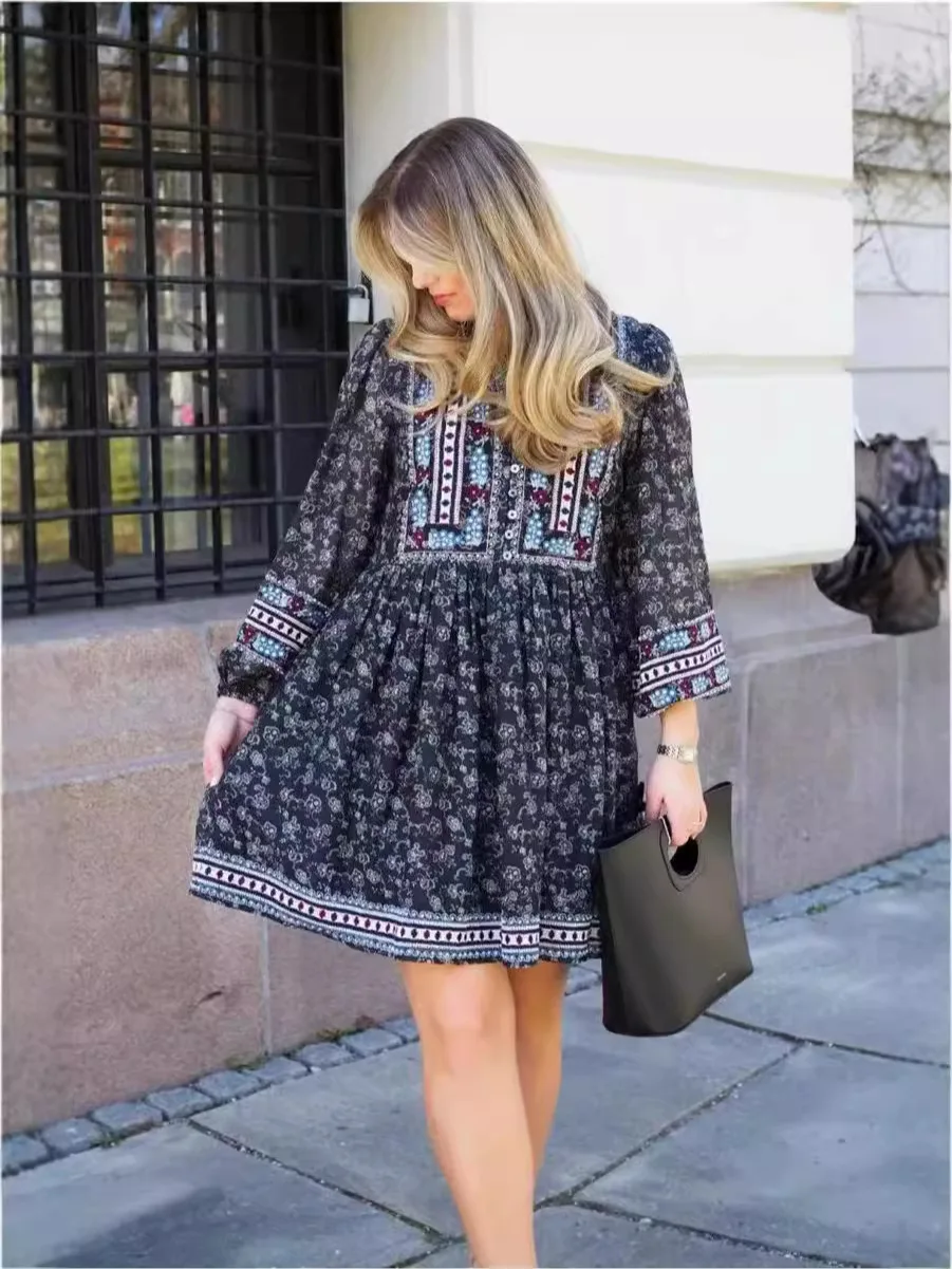

Mini Dress for Women 2024 New Spring Summer Embroidery Stand Collar Loose Vintage Long Sleeve Robes