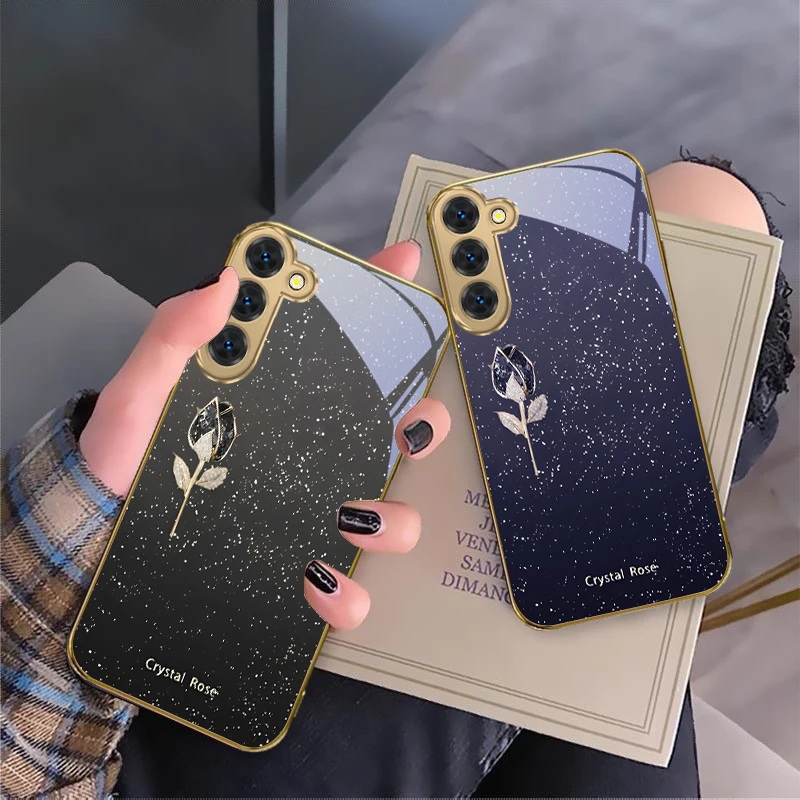 وردة كريستال رائعة لهاتف سامسونج جالاكسي S20 FE S21 S22 S23 Plus S24 Ultra 25Ultra S21 + S9 + S22Plus حافظة هاتف زجاجية ذهبية