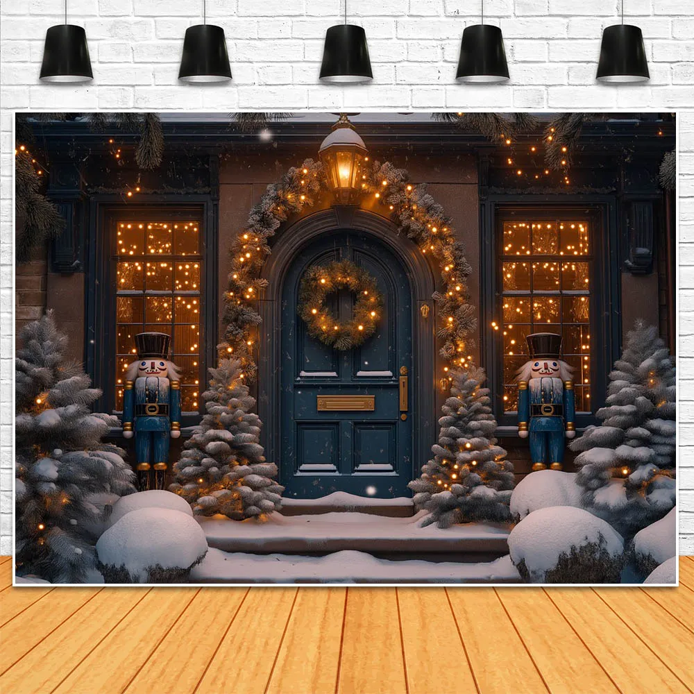 사진 촬영용 모시카 크리스마스 겨울 눈 배경, 빈티지 블루 문짝 눈송이, 야외 마당 어린이 초상화 사진 배경