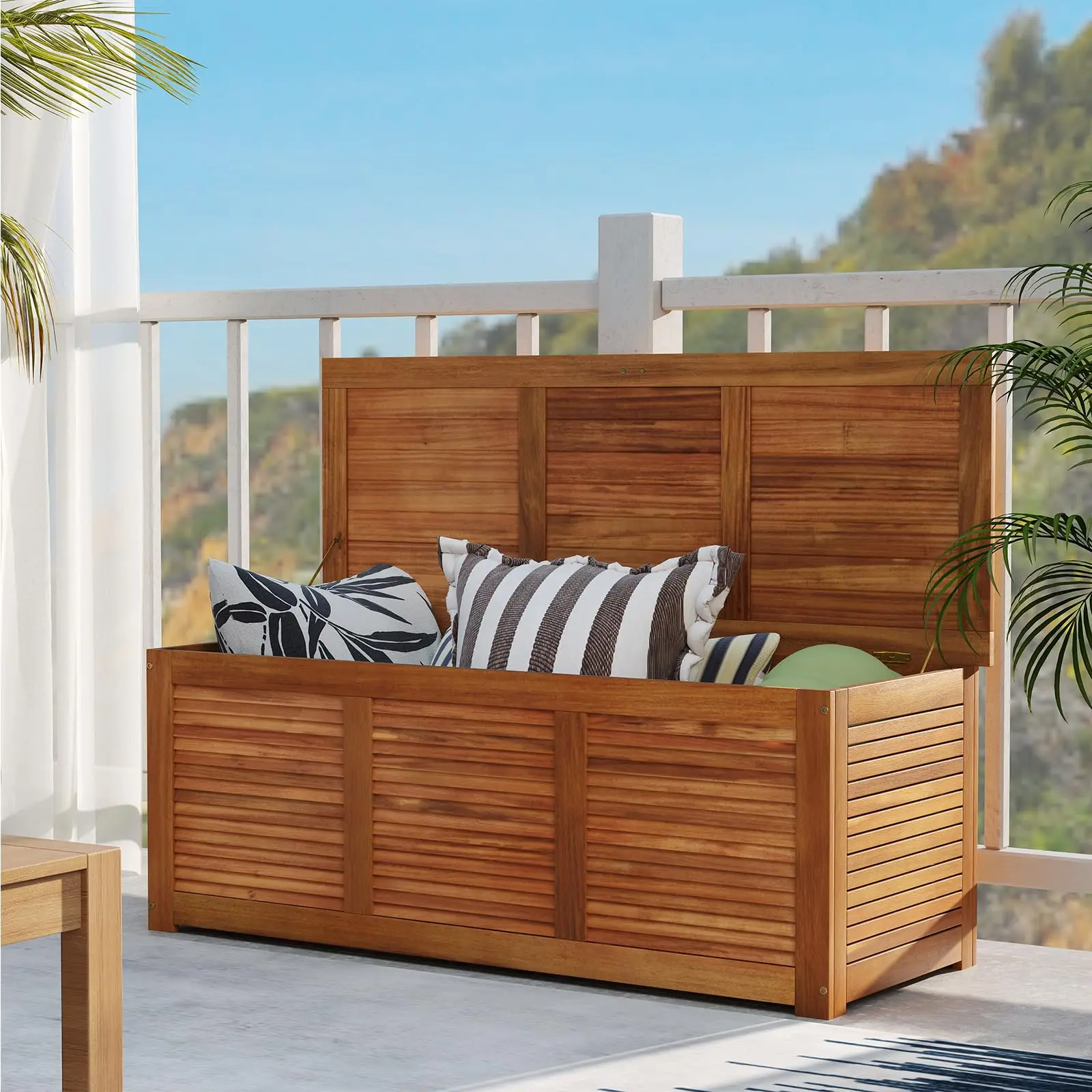 47 Gallon Deck Box, Acacia Wood Outdoor Storage Bench, Natural | Patio Storage Box with 355 LBS Capacity, Wooden