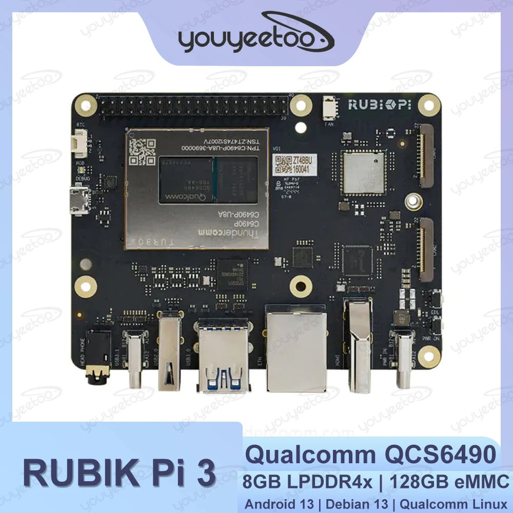 لوحة تطوير RUBIK Pi 3 مع عملية Qualcomm Dragonwing QCS6490 6nm من الدرجة الصناعية مفتوحة المصدر Android 13 Linux/Ubuntu