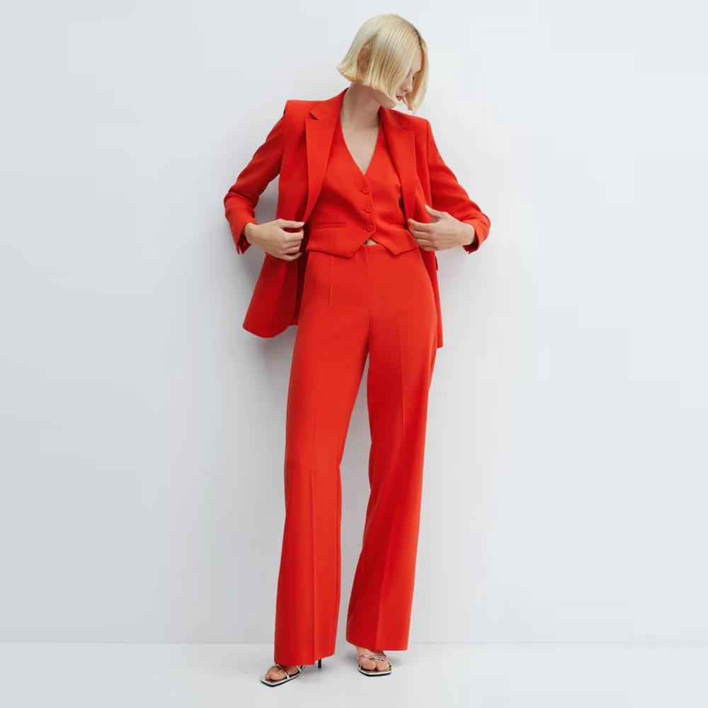 

High Quality Red Women's 3 Pieces Suit Set Single Breasted Notch Lapel Jacket Vest Pants Sets Office Banquet Female Clothing