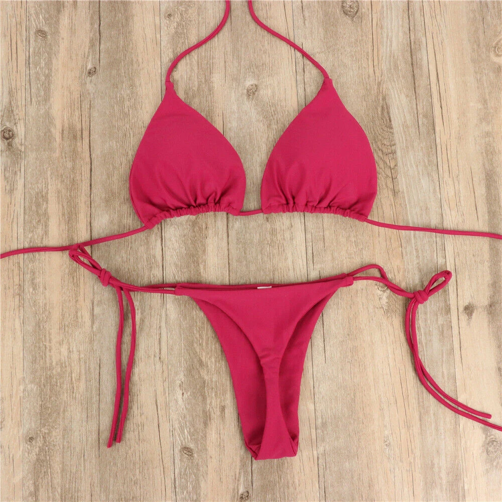 Women Thong Bikini Set Side Tie Sexy Swimsuit Bandage Style Brazilian Swimwear Bikini 2022 Woman Solid Color Beach Swimwear