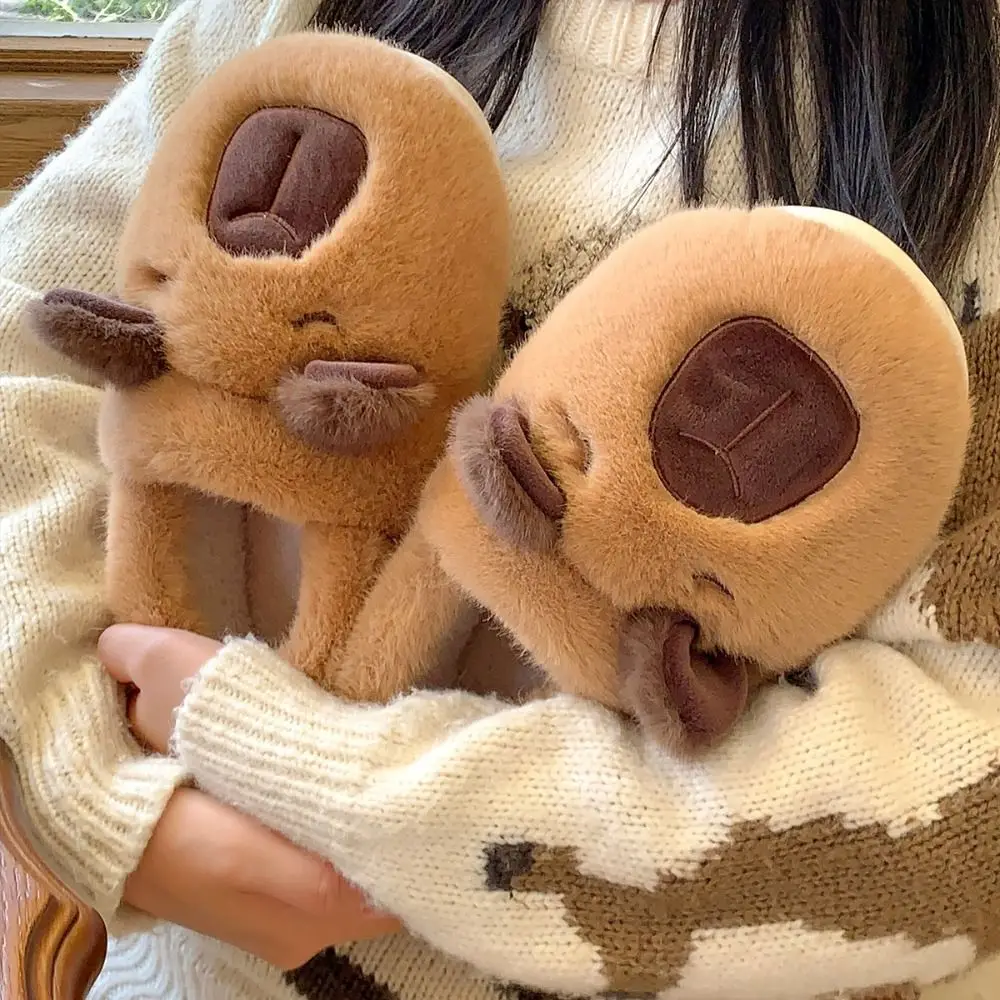 Non-Slip Warm Winter Capybara Slippers Fur Soft Capibara Slides Lovely Plush Kapibara Home Shoes Indoor