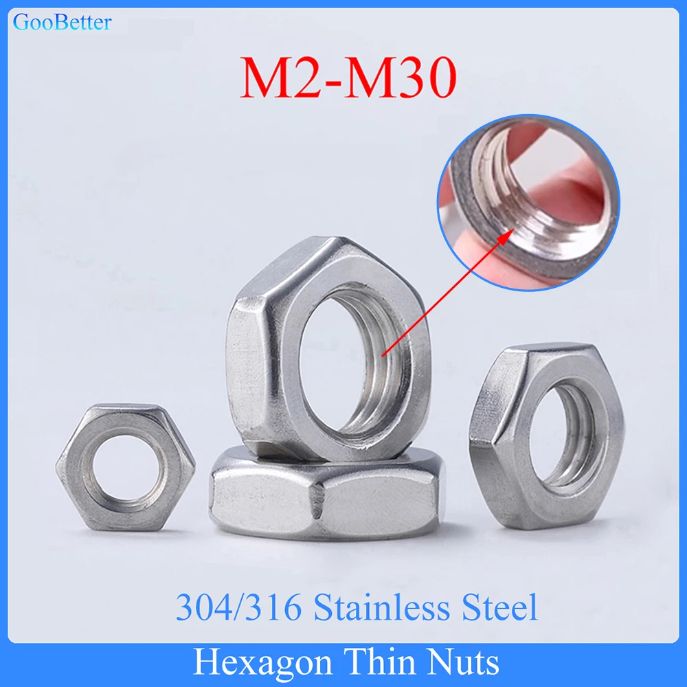 

Hexagon Thin Nuts M2 M2.5 M3 M4 M5 M6 M8 M10 M12 M14 M16 M18 M20-M30 304/316 Stainless Steel Hexagon Nut For Screw Bolts