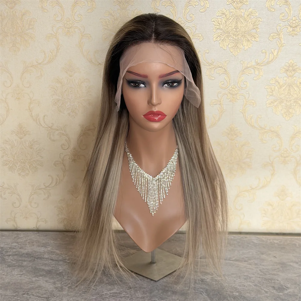 

Бесшовный парик с прямой стрижкой и мелированием, 100% натуральные человеческие волосы, 150% плотность, роскошный парик для салонов красоты, окрашенный, с HD-кружевной передней частью 13x4