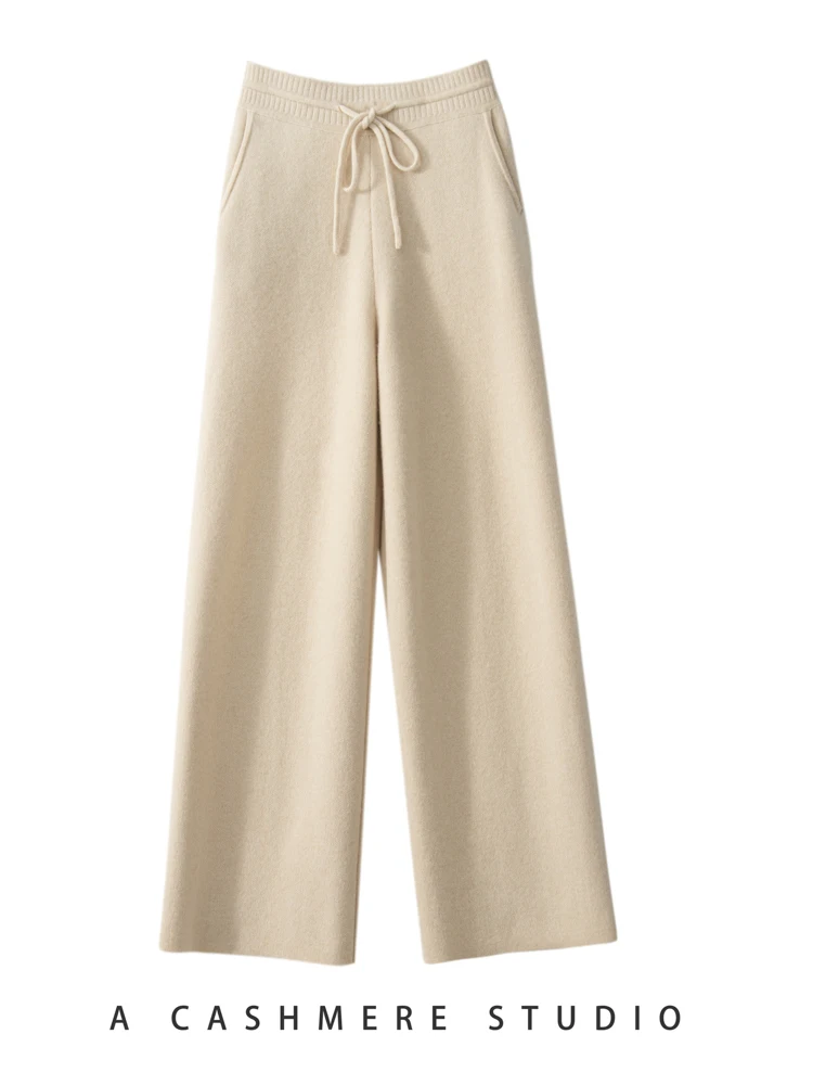 TLOML Women's 100% Cashmere Wide Leg Pants Simple Style Waist Drawstring Trousers Autumn Winter Soft Warm Thick Cashmere Pants