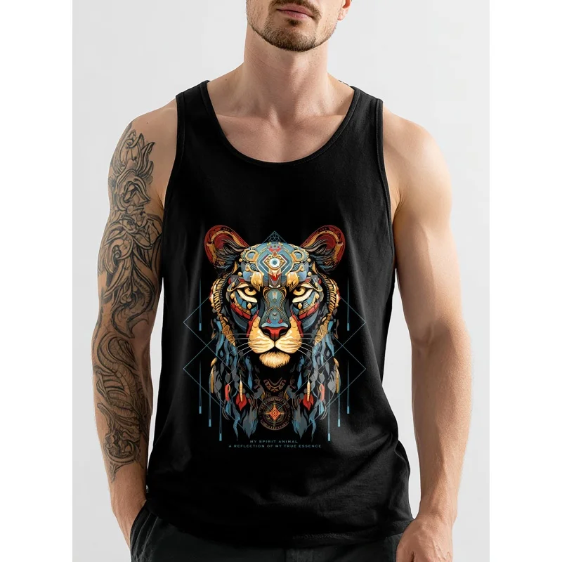 3D Printed Tribal Spirit Animal Graphic Tank Tops For Men Wild Cat Lion Bear Tees Summer Casual Oversized Sports Street Vest