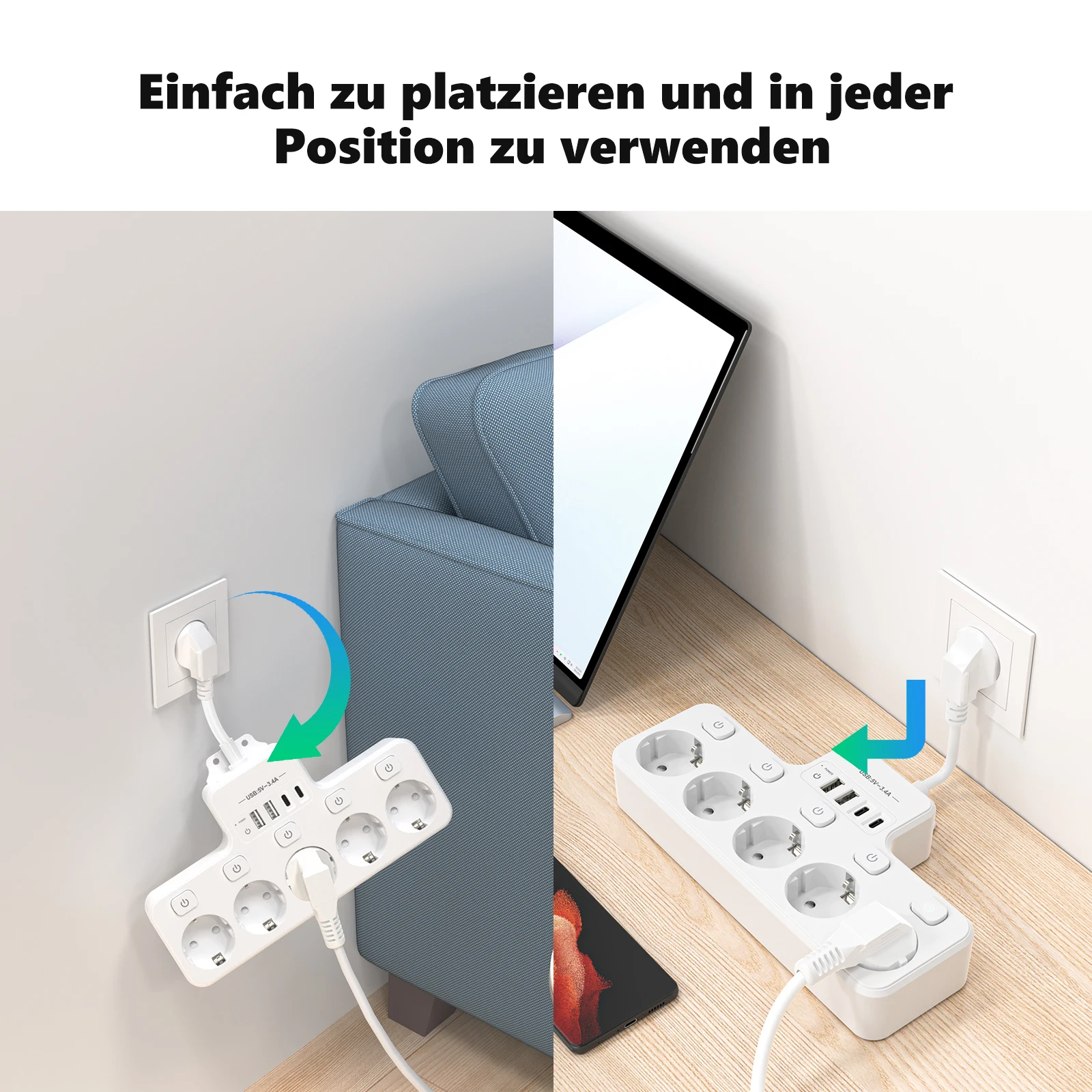 Power Strip 5-Way Multicontact Outlet EU Plug with 4 USB Ports 3.1A/5V 3840W Multiple Electrical Socket with Switch For Home