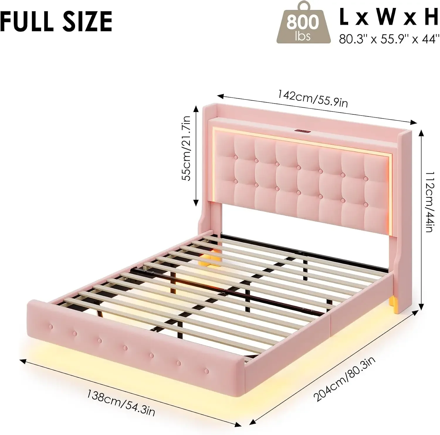 Full Floating Bed Frame with Storage Headboard, LED Lights & Charging Station Platform Bed, Soft Upholstered Velvet, USB/Type-C