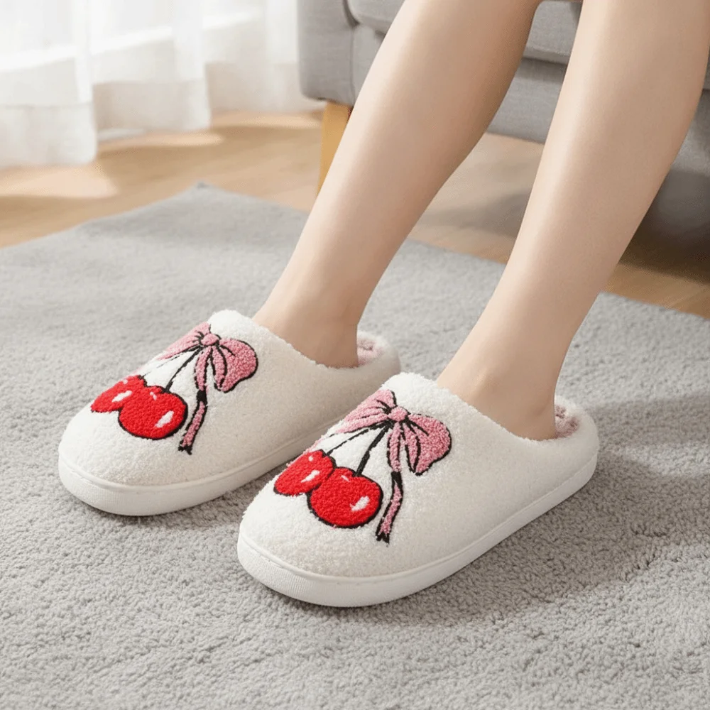 Cartoon Strawberry Fruit Slippers Cherry Non-slip Winter Fluffy Slippers Pineapple Soft Slippers Couple