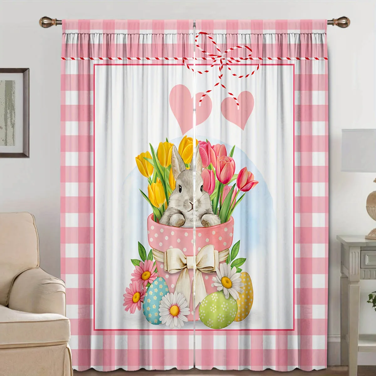 2pcs Pink Cute Rabbit Colored Eggs Easter Cartoon Printed Curtains Bedroom Living Room Kitchen Decorative Curtains