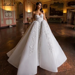 Alonlivn Luxury Sleeveless Sweetheart 2 In 1  Bridal Gown Beauty Beading Appliques Lace Ruffled Removable Train Wedding Dresses