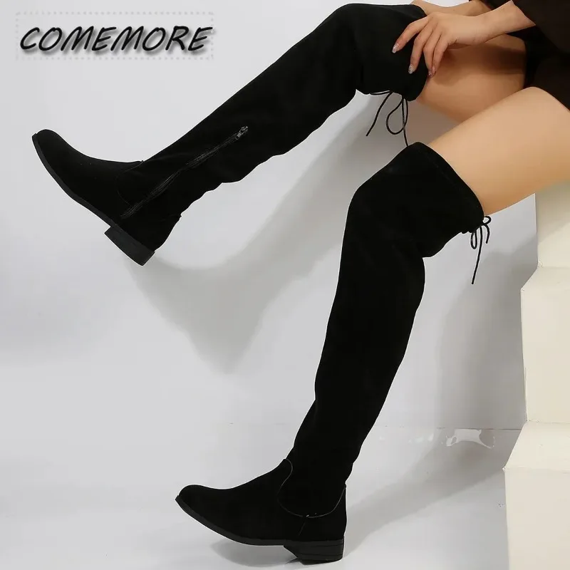 Faux Suede Female Thigh Boots Women’s New Autumn Zipper Elastic Knee-high Boot Woman Tube Lace-up Botas Round Head Large Size 43