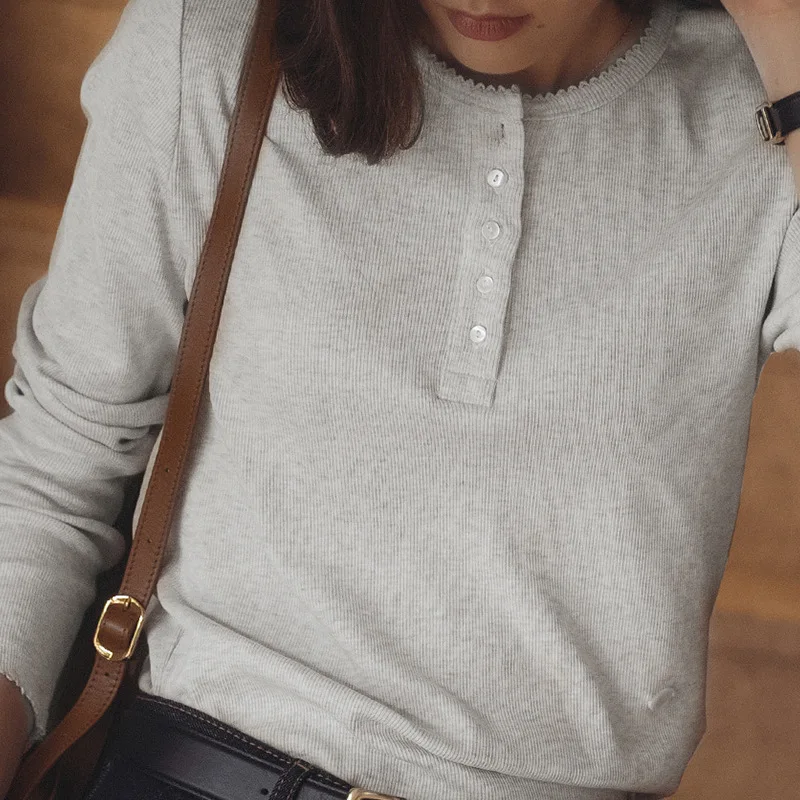 Elegant Cotton T Shirts Solid Long Sleeve Base Top Shirt Round Neck Single Breasted Gary Pullover Tops Women T-shirt Streetwear