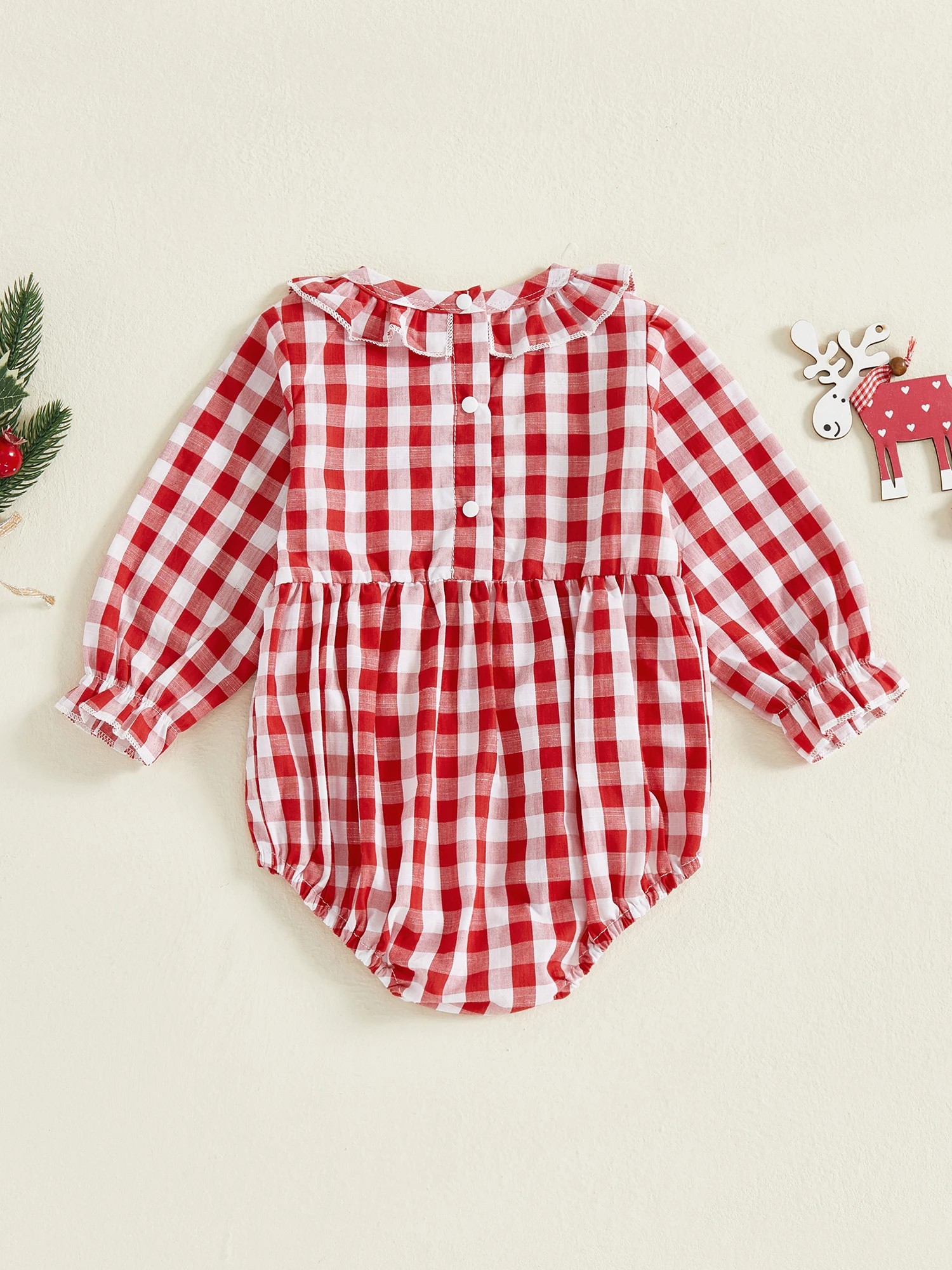 Toddler Girl Tartan Romper with Festive Christmas Tree Embroidery Ruffled Round Neck and Long Sleeves - Adorable Bubble