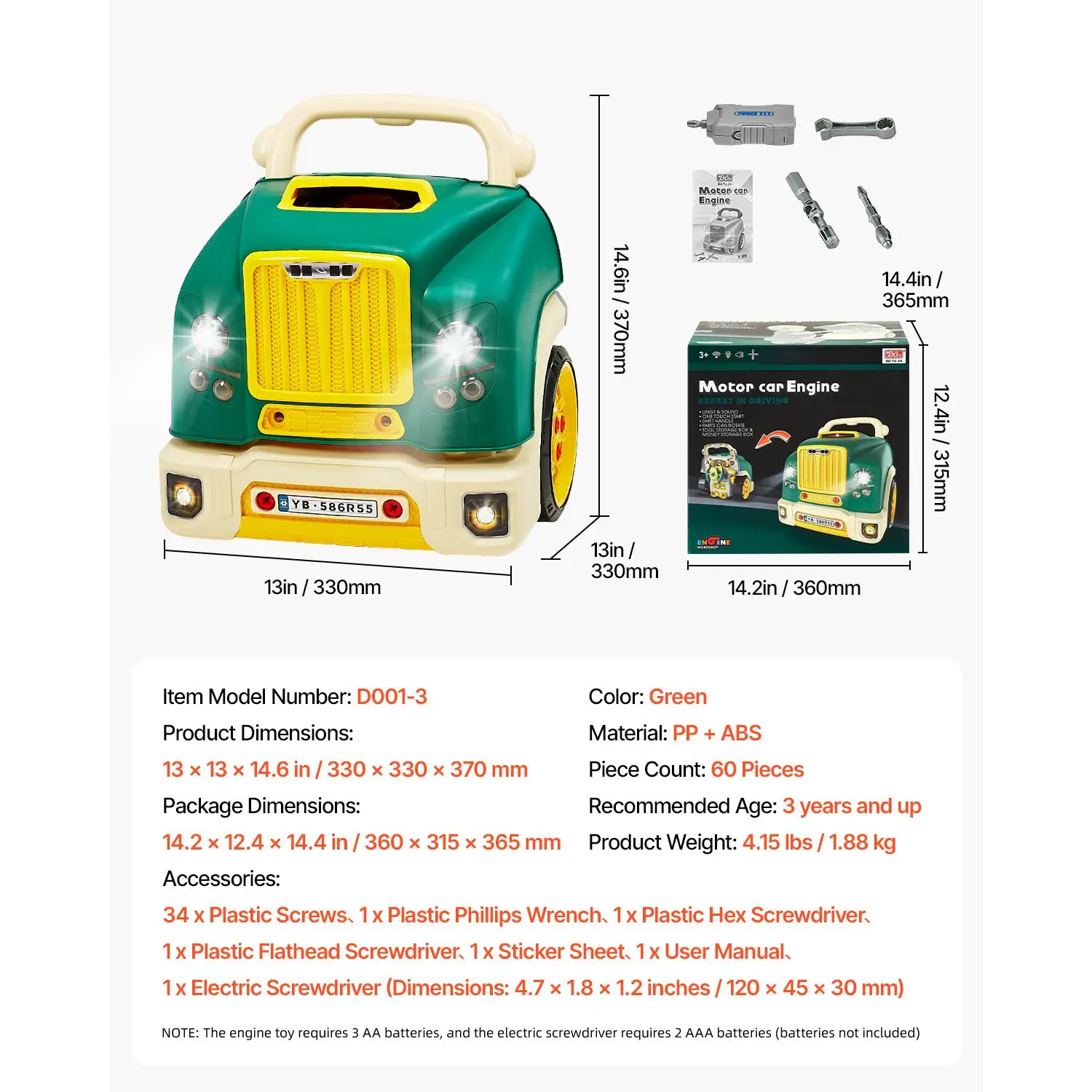 Engine Toy, 60 Pieces, Kids Mechanic Car Repair Set with Removable Parts, Lights and Sounds, Steering Wheel and Horn, Kids Mechanic Workshop Set for Toddler Ages 3 Years and Up, Green