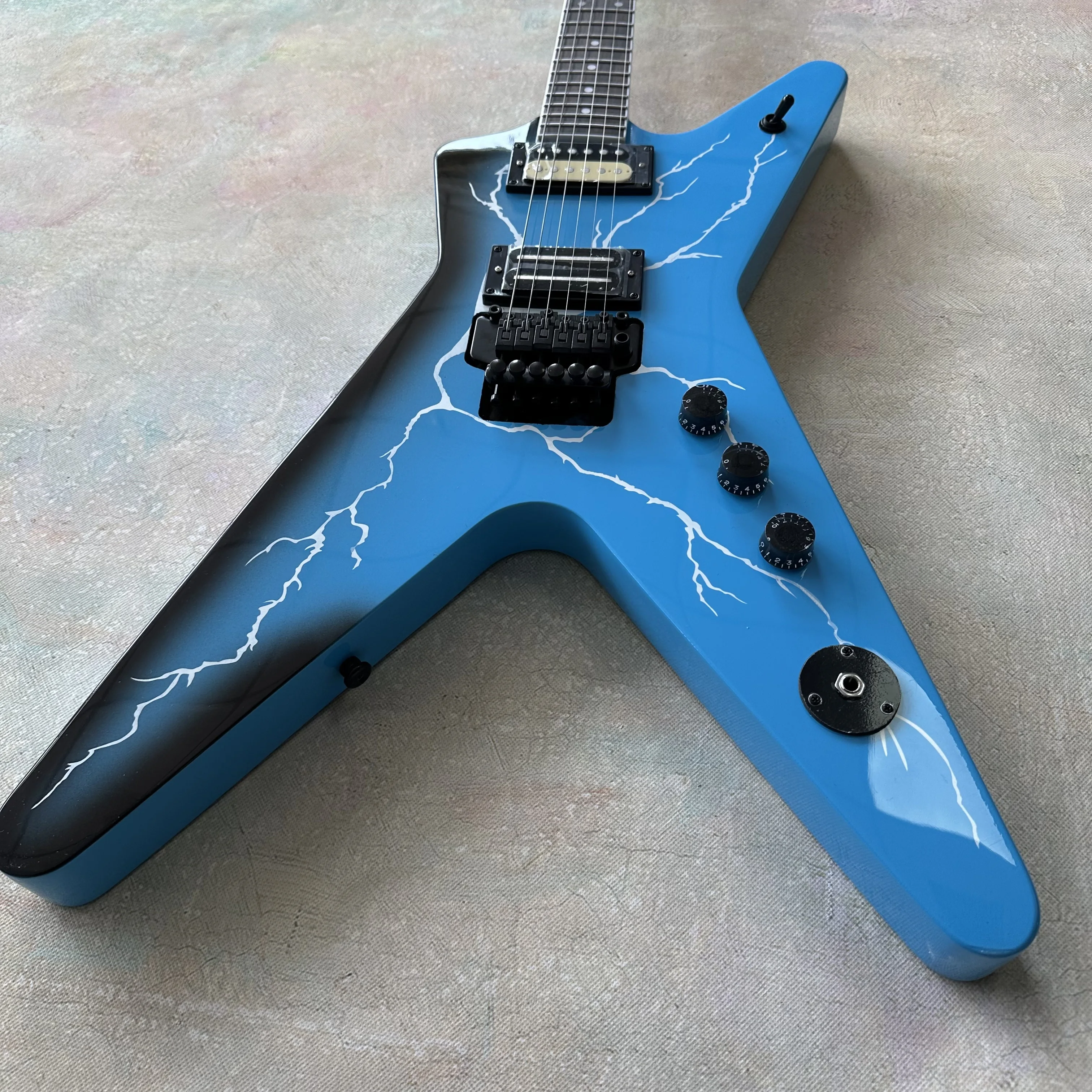 US Warehouse V Shape Electric Guitar Blue Lightning Gradient Finish Double Locking Tremolo System HH Humbucker Heavy Metal Hard Rock Guitar Free Shipping