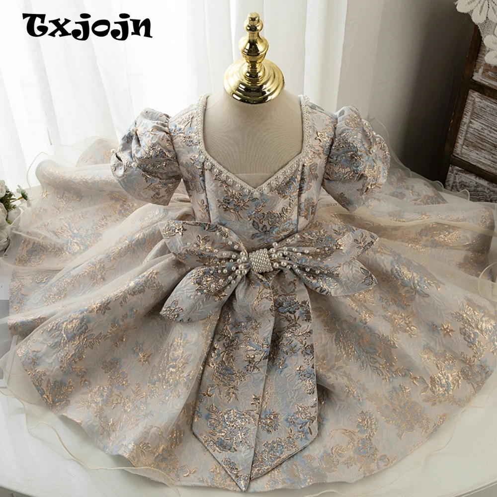 2025 Fashionable V-neck Puff Sleeve Princess Gown For Kids Birthday party Exquisite Pearls Bow Girls Dresses Catwalk Show