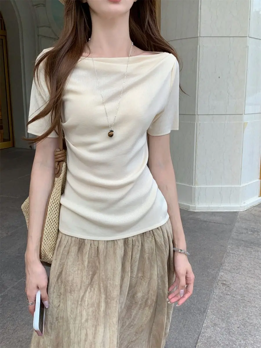 Korean Style Chic Short Sleeve T-Shirt Women's Summer New Slim Waist Pleated Slimming Sweet Small Top Commute Style Pure Color